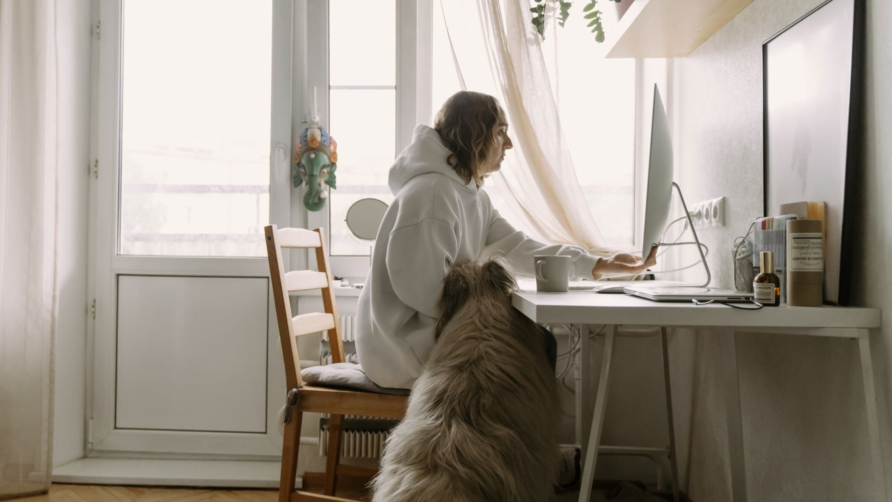 graphic designer working from home with her dog