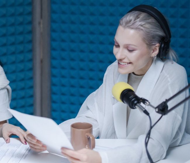 woman speaking on a graphic design podcast